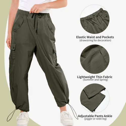 Vista 3 de Rolanko Pantalones de paracaídas para niñas, pantalones cargo Y2K con bolsillos, pantalones deportivos Harajuku para niños de 4 a 14 años
