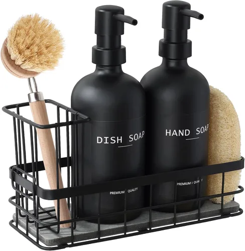 Vista 8 de Dispensador de jabón para platos para cocina, dispensadores de jabón de manos y platos ámbar de 16.9 onzas líquidas, juego de dispensador de jabón