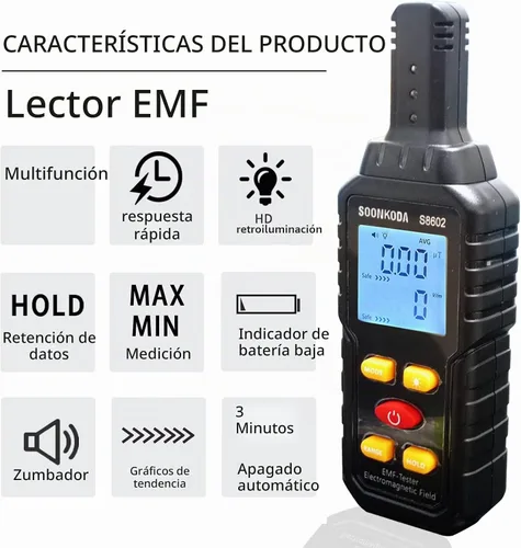 Vista 3 de Medidor EMF 3 en 1, Lector EMF, Detector de Radiación de Campo Electromagnético, Probador EMF para el Hogar, Detector EMF con Alarma de Luz