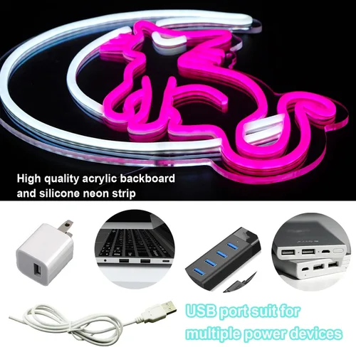 Vista 3 de SmilingTown Letreros de neón rosa y blanco para decoración de pared, funciona con USB, luces decorativas de neón de luna y gato para el hogar