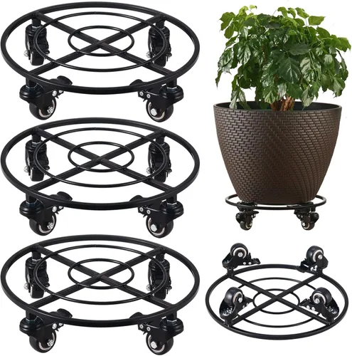 Vista 11 de Paquete de 2 organizadores grandes de metal para plantas con ruedas de 13.6 pulgadas, soportes rodantes para plantas de hierro forjado, rodillos