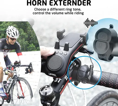 Vista 3 de UPPEL Altavoz Bluetooth para bicicleta, soporte multifuncional para teléfono de bicicleta 10 en 1, luz LED, bocina de bicicleta, micrófono, ideal