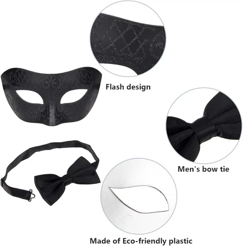 Vista 3 de IETANG Máscara de mascarada para parejas, juego de máscaras venecianas de Mardi Gras con collar y corbatín