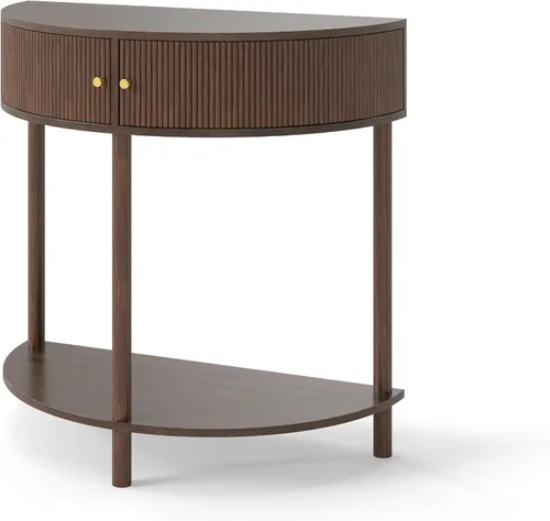 Vista 15 de Knocbel Mesa consola Half Moon con puerta con patrón de ondas, mesa auxiliar de sofá semicírculo con 2 cajones de almacenamiento y estante inferior