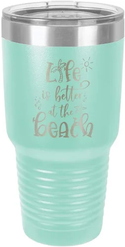Vista 20 de La vida es mejor en la playa, vaso grabado de 76 ml con paja y tapa superior deslizante de acero inoxidable taza de viaje de acero inoxidable
