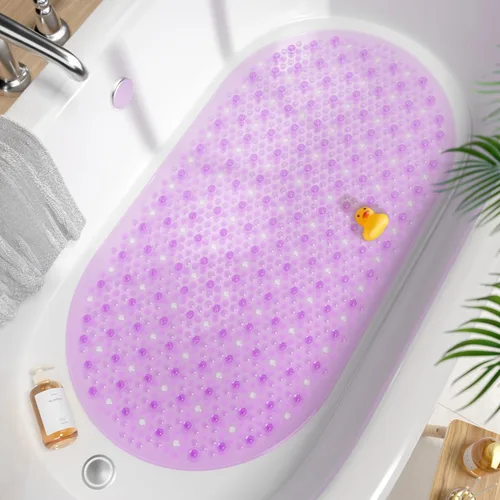 Vista 17 de HITSLAM Tapete antideslizante para bañera, 27 x 15 pulgadas, con ventosas y orificios de drenaje, lavable a máquina, ovalado, para niños, personas