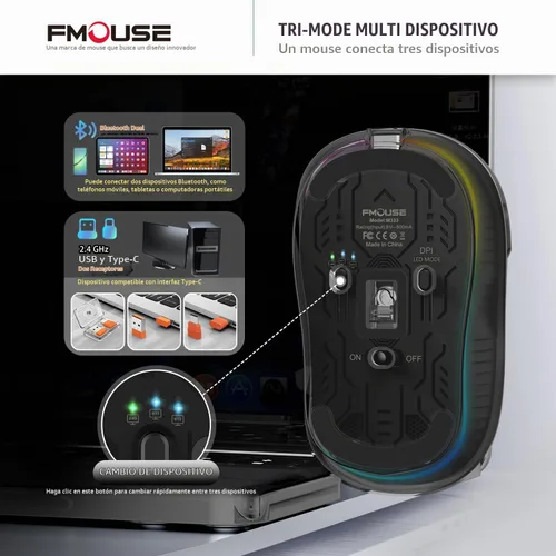 Vista 3 de FMOUSE Ratón Inalámbrico Transparente Novedoso, Tri-Modo (Bluetooth Dual+2.4GHz), Receptor USB-C Ideal para MacBook/Portátiles/PC, Recargable