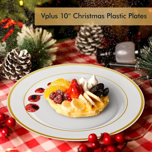 Vista 8 de Vplus 100 piezas de platos de plástico dorados de 10 pulgadas desechables, platos de plástico resistentes blancos elegantes y duraderos con borde