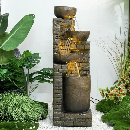 Vista 9 de Hamiedun Fuente de agua de 38.2 pulgadas de alto para exteriores, cuencos en cascada y piedras apiladas con luces LED, fuente de cascadas