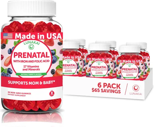 Vista 14 de Lunakai Vitaminas prenatales 17 en 1 fabricadas en Estados Unidos para mujeres con hierro y ácido fólico, deliciosas gomitas prenatales diarias