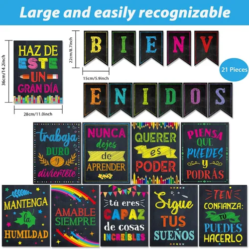 Vista 2 de gisgfim 21 pósteres inspiradores españoles de Bienvenidos, color negro, colorido, motivacional, juego de tablones de anuncios para el aula, oficina