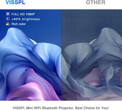 Vista 2 de Mini proyector con WiFi y Bluetooth, proyector VISSPL Full HD 1080P, proyector portátil para exteriores con trípode, proyector de cine en casa