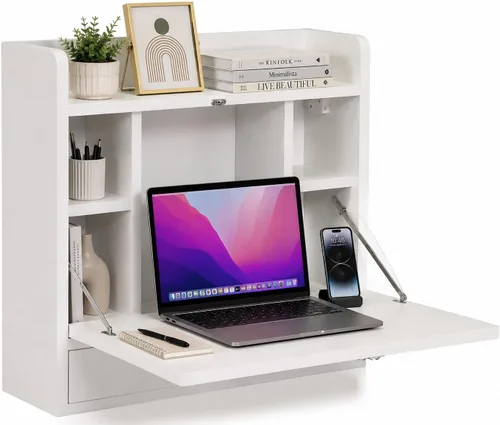 Vista 11 de Basicwise Escritorio plegable montado en la pared, escritorio plegable que ahorra espacio con estantes de almacenamiento y cajón, mesa flotante Negro