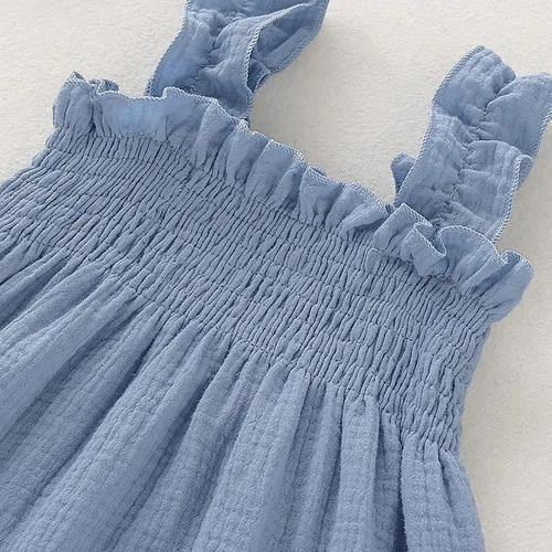 Vista 4 de Vestido de lino de algodón sólido sin mangas con tirantes de playa para niñas pequeñas (azul claro, 18-24 meses)