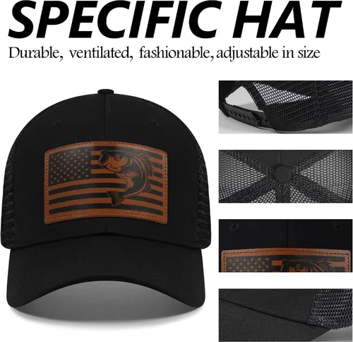 Vista 4 de Regalos de pesca para hombres y mujeres, sombrero único de camionero con bandera de pescador para pescador, el mejor regalo, negro/gris