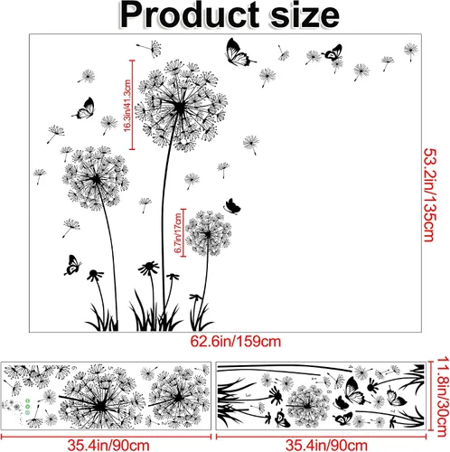Vista 2 de Calcomanías de pared de diente de león, removibles, calcomanías de pared de flores para despegar y pegar, murales de mariposas florales, decoración