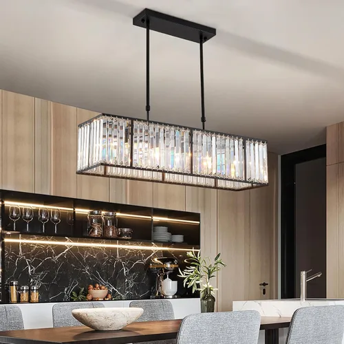 Vista 2 de Siljoy Candelabro rectangular moderno de cristal, 5 luces, color negro, rectangular, con forma de gota de lluvia, lámpara de techo colgante lineal