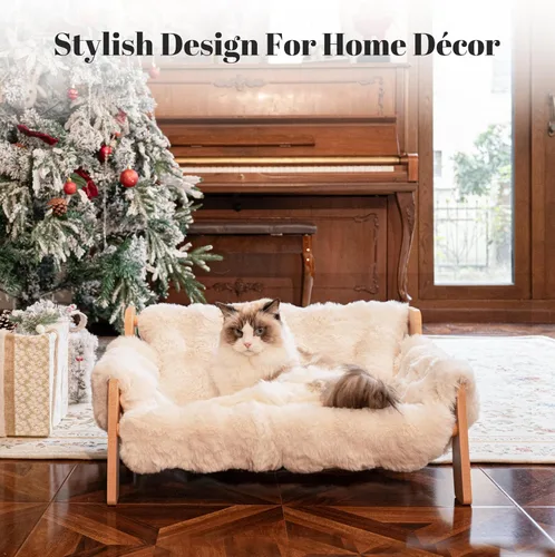 Vista 2 de Cama de Sofá Elevada para Gatos de Interior, Sofá de Madera para Gatos con Funda Esponjosa Lavable Extraíble, Silla de Descanso para Gatitos Sofá