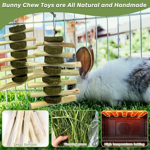 Vista 5 de kathson Juguetes masticables de conejo para rechinar dientes, palitos de bambú orgánico natural, juguetes de enriquecimiento para animales pequeños