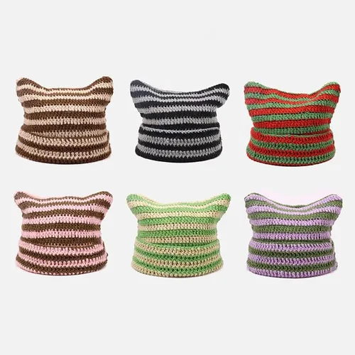 Vista 7 de Y2K - Gorro gótico de punto con orejas de gato para mujer gorro de invierno kawaii hecho a mano para mujer