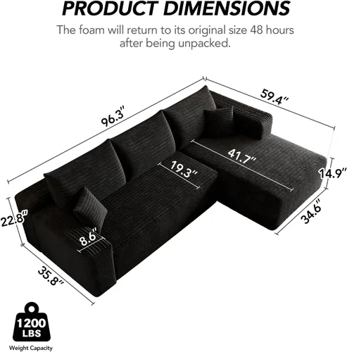 Vista 2 de Sofá modular en forma de L de 96 pulgadas con diván, moderno y cómodo sofá de pana para sala de estar, sofá de espuma viscoelástica, no requiere