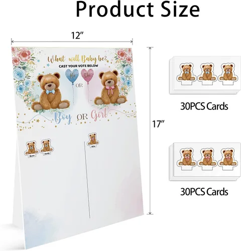Vista 2 de Bear Reveal Games Tablero de votación con soporte, 60 calcomanías de oso para niños y niñas para invitados a fiestas, él o ella, juego