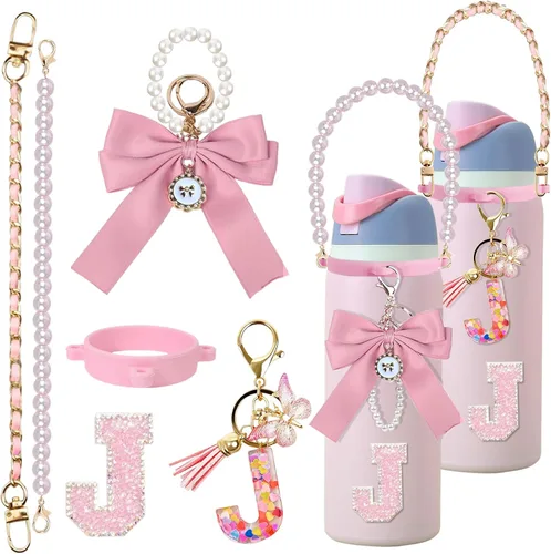 Vista 18 de 6 piezas de accesorios con letras para botella de agua Owala 24 oz 32 oz 40 oz, con lindos dijes iniciales y correa para el asa, compatible