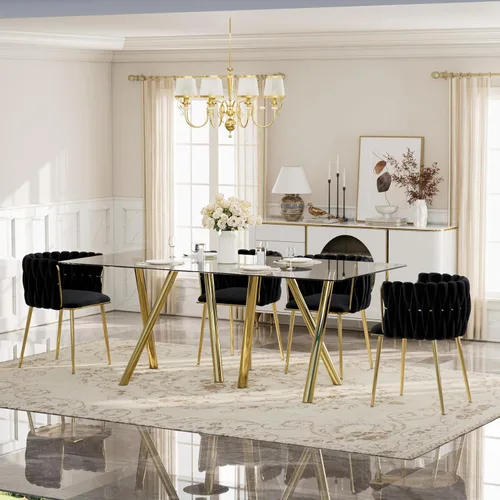 Vista 33 de Glam Style - Juego de mesa de comedor de 5 piezas para 4, mesa de comedor rectangular de vidrio templado de 51 pulgadas con base de metal dorado