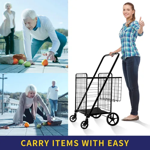 Vista 9 de BIEAMA Carrito de compras plegable, carrito de comestibles, capacidad de 450 libras, carrito utilitario con ruedas giratorias giratorias de 360°