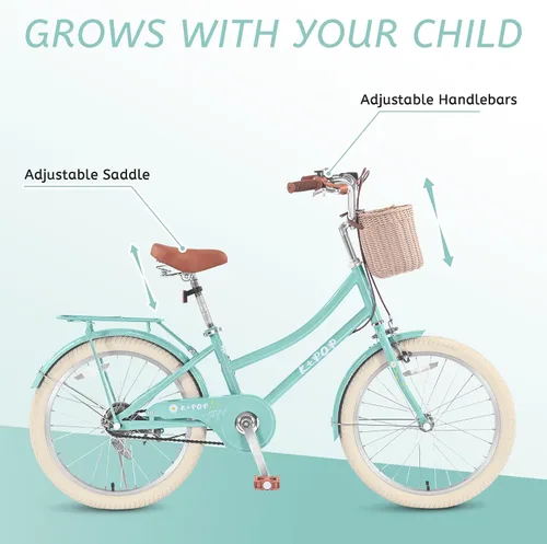 Vista 4 de Bicicletas para niñas de 8 a 12 años, bicicleta para niñas de 20 pulgadas con canasta, bicicletas ligeras para niños con freno en V delantero +