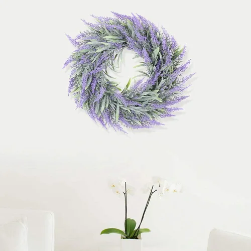Vista 4 de Buachois Corona de lavanda artificial de 11 pulgadas para puerta delantera, corona de flores moradas con hojas verdes, corona de granja