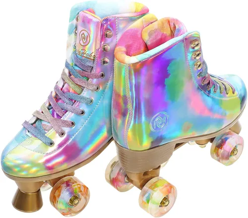 Vista 7 de JajaHoho Patines de ruedas para mujer, patines holográficos de alta calidad de piel sintética, patines brillantes de doble fila con cuatro ruedas
