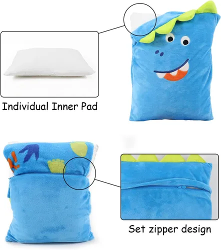 Vista 6 de Juego de almohada y cobija de viaje 3 en 1 para niños - 102x152cm, almohada de felpa con calentador de manos, cobija con diseño de dinosaurio