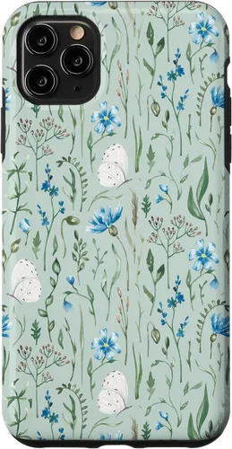 Vista 12 de Funda para iPhone 12 mini Azul y Verde Wildflower Butterfly Meadow Botanical (Sage)