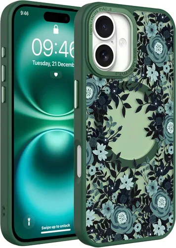 Vista 69 de Magnético para iPhone 13 con protector de pantalla [Compatible con MagSafe] Diseño de patrón floral de flores bonitas, funda delgada a prueba