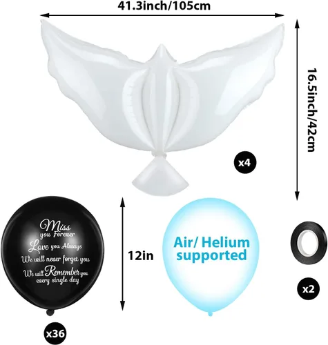 Vista 2 de Skylety 36 globos conmemorativos con 4 globos de paloma de la paz para liberar en recuerdo del cielo, decoraciones de helio para funerales, Negro
