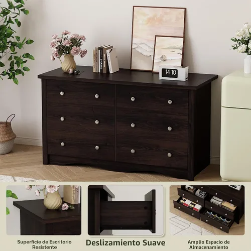 Vista 3 de Shahoo Cómoda para dormitorio con 6 cajones, cómoda de madera de 47.2 Marrón