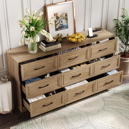 Vista 12 de Fameill - Cómoda para dormitorio, organizador de 9 cajones con estación de carga, cómoda alta para pasillo, cómoda de madera con tiradores de metal