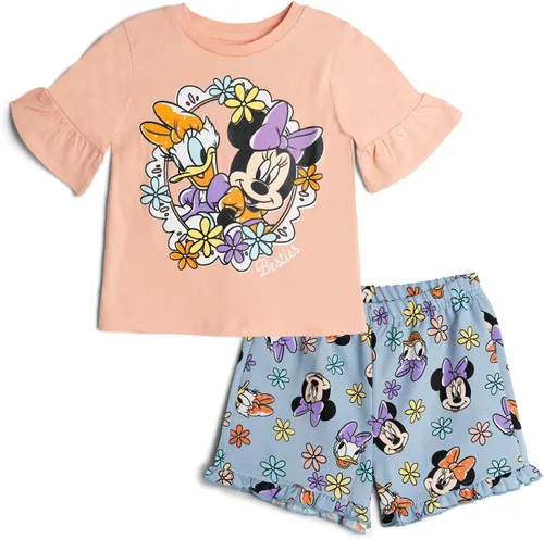 Vista 41 de Disney Minnie Mouse - Conjunto de camiseta floral arcoíris y pantalones cortos de cambray, tallas de bebé a niño grande (12 meses - 14-16)