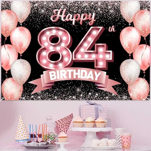 Vista 364 de Cartel de feliz cumpleaños décimo oro rosa, telón de fondo, saludos a 10 años, globos de confeti, decoración temática para niñas de 10 años