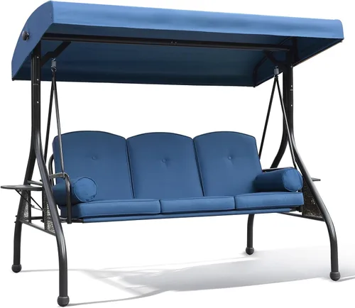 Vista 2 de Columpio NOBLEMOOD para porche de 3 asientos con toldo ajustable y bandejas laterales Azul