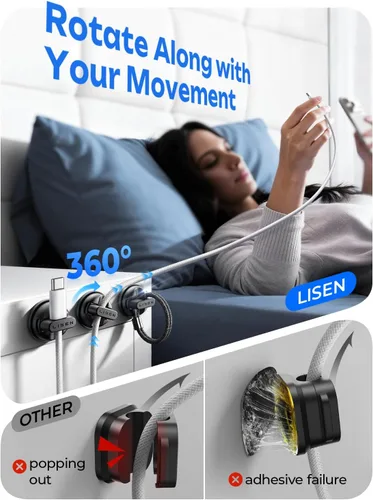 Vista 3 de LISEN - Paquete de 6 soportes giratorios para cables para mesita de noche, clips magnéticos giratorios de 360°, organizador de cable adhesivo fuerte