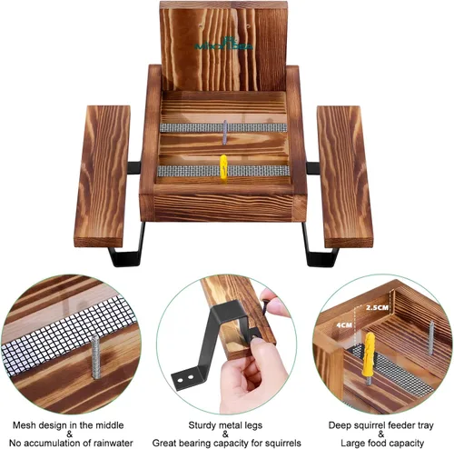 Vista 3 de MIXXIDEA Mesa de Comedero para Ardillas, Comedero de Picnic de Madera para Ardillas, Comederos para Ardillas Resistentes para Exterior