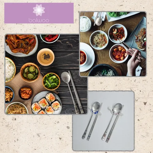 Vista 5 de [Hecho en Corea] Holograma Tortuga Diseño Mesa Coreana Pegajoso Arroz Cuchara y Palillos Palillos Planos de Acero Inoxidable 304 Superficie Mate