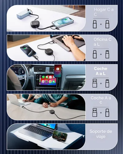 Vista 3 de Cable USB Tipo C Retráctil 5 en 1 de 100W, Paquete de 2 Cables de Carga Múltiple 5A Cable de Carga Rápida Cable USBC con USB A+C a L/C Accesorios