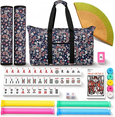 Vista 2 de American Mahjong - Juego completo de azulejos Mahjong con bastidores, 166 azulejos de alta calidad, grabados, almacenamiento organizado, bolsa