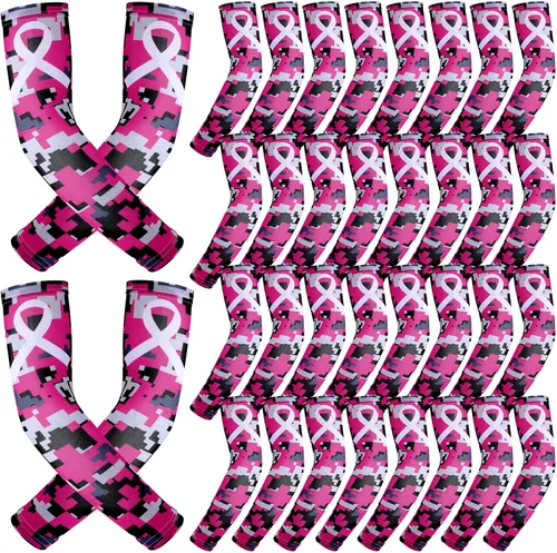 Vista 8 de Zhehao 18 pares de mangas de concientización sobre el cáncer de mama, mangas de compresión para brazos con cinta rosa, mangas de compresión