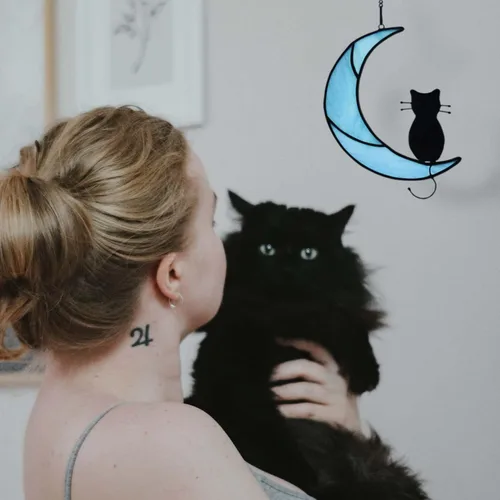 Vista 4 de Black Cat Decor On Moon Suncatcher Decoration,Cat Memorial Gifts for Cats Lovers Stained Glass Window Hangingt,Cats Loss Sympathy Gift,Pet Memorial