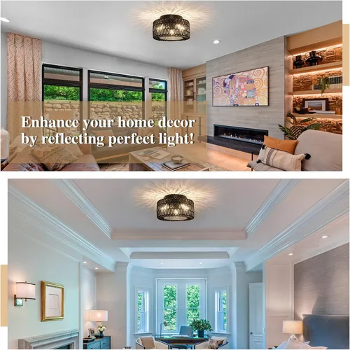 Vista 6 de Lámparas de Techo de Ratán para Montaje, Lámpara de Techo Empotrada Boho de 3 Luces, Iluminación de Lámpara con Pantalla de Jaula Tejida a Mano