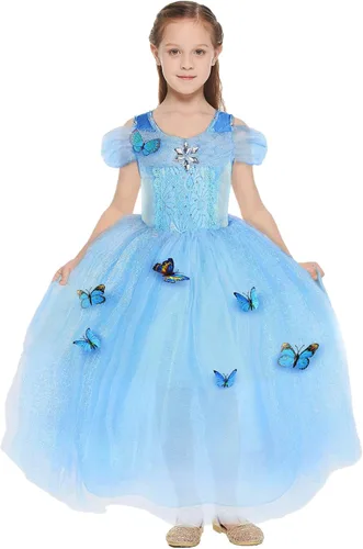 Vista 2 de Vestidos de princesa para niñas, disfraz de Cenicienta y Elsa con accesorios de mariposa, ropa de fiesta de Halloween